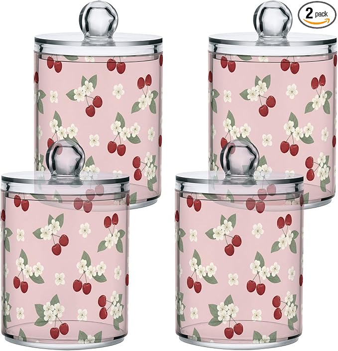 Milk Cow Qtip Holder with Lid 2PCS Apothecary Jars Storage Containers, Clear Plastic Canister for Cotton Swab,Floss Picks, Cosmetics (Sweet Cherrys, one sizex4)