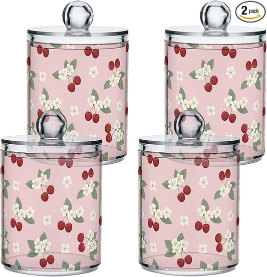 Milk Cow Qtip Holder with Lid 2PCS Apothecary Jars Storage Containers, Clear Plastic Canister for Cotton Swab,Floss Picks, Cosmetics (Sweet Cherrys, one sizex4)
