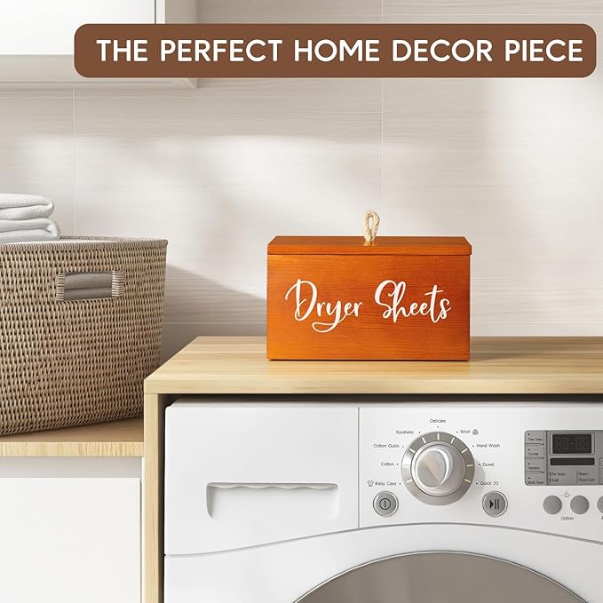 Wood Dryer Sheet Holder - Laundry Sheets Container with Lid - Farmhouse Laundry Room Organization and Storage for Laundry Room Decor and Accessories - Fabric Sheet Dispenser, Red Brown