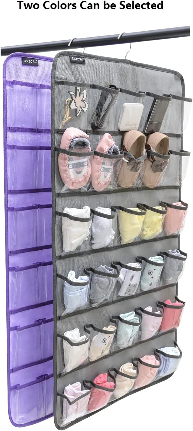 Hanging Baby Shoes Organizer Baby Headband Holder Closet Organizer for Baby Bow Socks Underwear with 30 Clear Pockets (PURPLE)