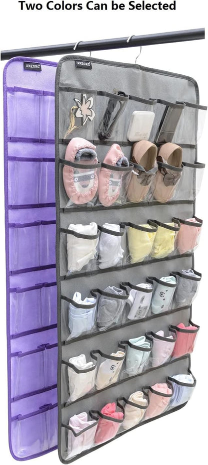 Hanging Baby Shoes Organizer Baby Headband Holder Closet Organizer for Baby Bow Socks Underwear with 30 Clear Pockets (PURPLE)