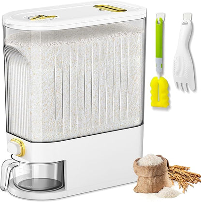 Lenwi 22 Lbs Rice Dispenser, Large Dry Food Storage Container with with Measuring Cup & Time Scale, Food Dispenser Kitchen Organization and Pantry Store for Cereal Dry Food (White)