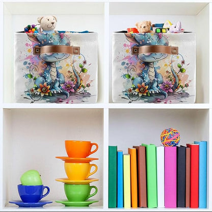 Large Storage Basket Cute Dragon Style Storage Bin Cube Canvas Fabric Organizer Handles Collapsible for Clothes Toys Bedroom Decorative