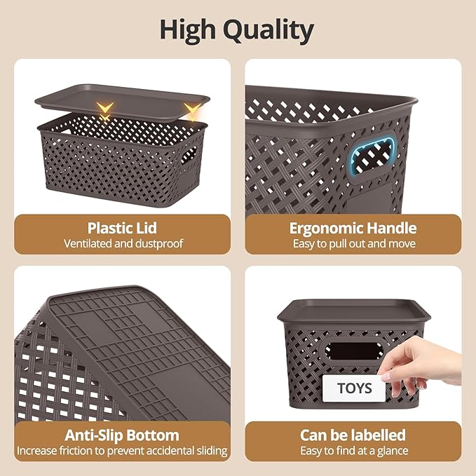 Plastic Storage Bins with Lid, Stackable Small Box Basket for Organizing and Containers for Shelves Drawers Desktop Closet Playroom Pantry Classroom Office Home, 8-pack 10.2x7.2x4.1 Inch, Brown
