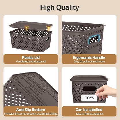 Plastic Storage Bins with Lid, Stackable Small Box Basket for Organizing and Containers for Shelves Drawers Desktop Closet Playroom Pantry Classroom Office Home, 8-pack 10.2x7.2x4.1 Inch, Brown