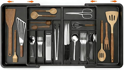 Utensil Organizer for Kitchen Drawer, Expandable Cooking Silverware Tray,Large Silverware Drawer Organizer，Plastic Spatula Tools Storage Divider, 21.6-38", Black