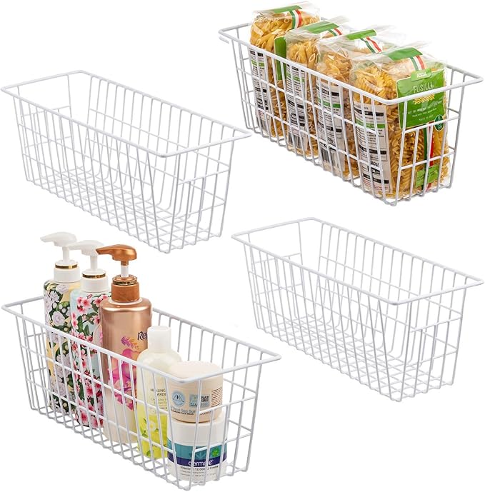 iPEGTOP Freezer Baskets, Set of 4 Farmhouse Metal Wire Basket Freezer Storage Wire Baskets Organizer Wire Storage Basket for Kitchen Pantry Organizer Bins (White)