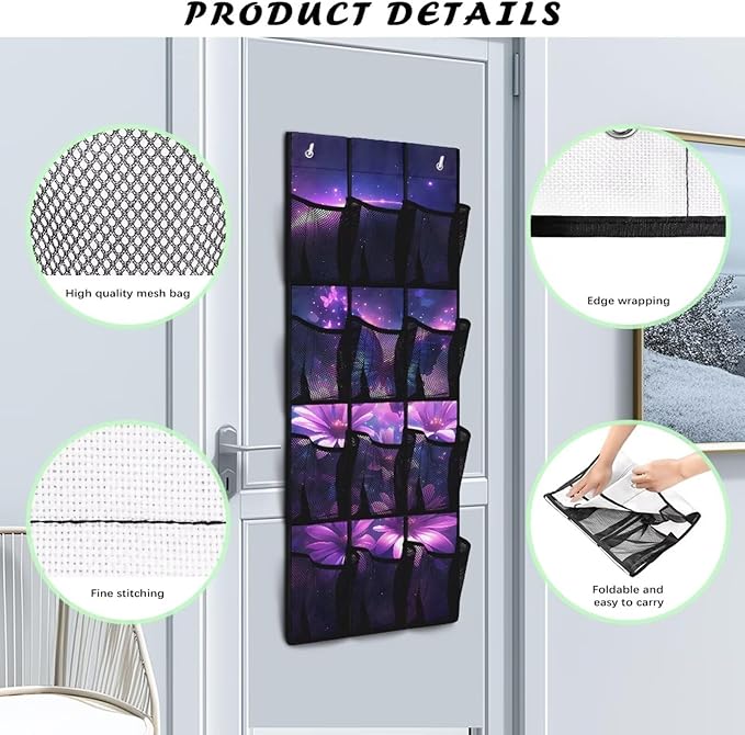 Hanging Storage Shoe Organizer for Closet 12 Mesh Pockets Over The Door Wall Closet Holder for Sundries Clothes Boots Toys,Purple Butterfly