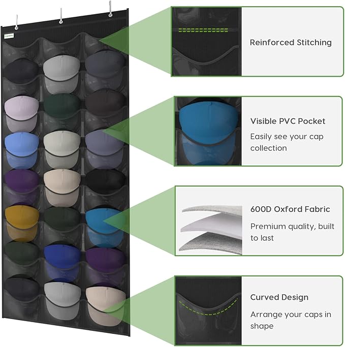 Baseball Hat Rack, 24 Pocket Over-The-Door Hat Organizer with Clear Deep Pockets to Display Baseball Caps Collection, Complete with 3 Over Door Hooks (Black, 24 Pockets)