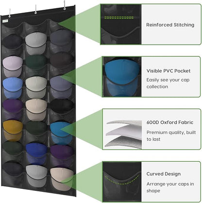 Baseball Hat Rack, 24 Pocket Over-The-Door Hat Organizer with Clear Deep Pockets to Display Baseball Caps Collection, Complete with 3 Over Door Hooks (Black, 24 Pockets)