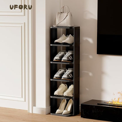 UFORU Small Shoe Rack, 5 Tier Plastic Vertical Shoe Rack for Small and Narrow Spaces, Free Standing Shoe Organizer for Closet, Entryway (Black)