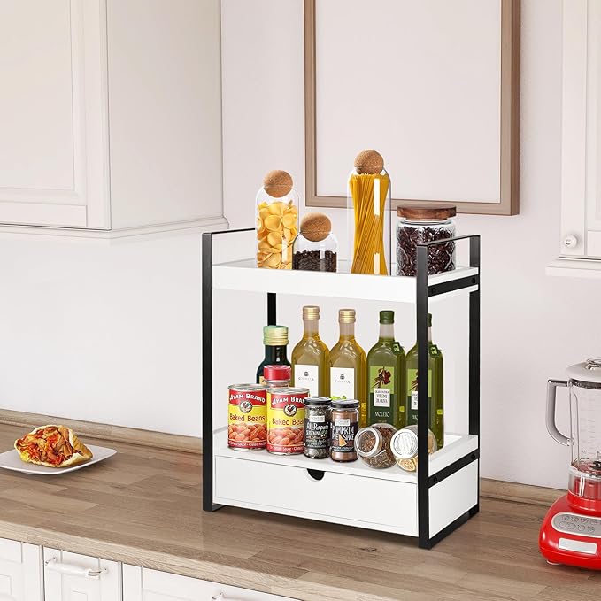 2-Tier Wooden Counter Shelf with Drawer, Vanity Tray for Organization and Decor, Countertop Organizer for Bathroom and Kitchen