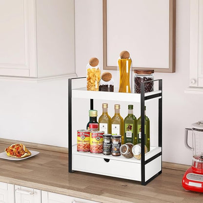 2-Tier Wooden Counter Shelf with Drawer, Vanity Tray for Organization and Decor, Countertop Organizer for Bathroom and Kitchen
