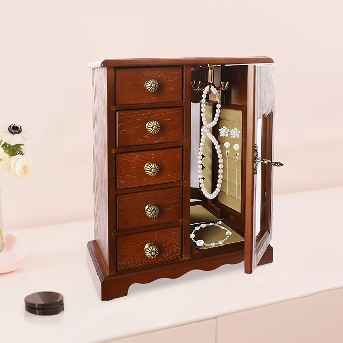 Wooden Jewelry Box, Jewelry Organizer with 5 Drawers, Large Storage Space Desktop Jewelry Storage Box with Anti-Slip Feet,for Organizing Necklaces, Bracelets, Earrings (Dark Wood Color)