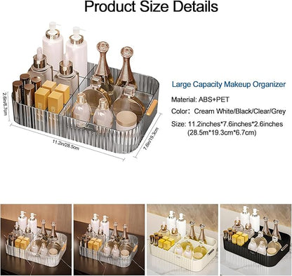 DASITON Large Capacity Makeup Organizer,12 Slots Makeup Brush Holder,Makeup Storage with Handle,Vintage Striped Cosmetic Organizer for Bathroom Countertops,Desk Storage Container(Grey)