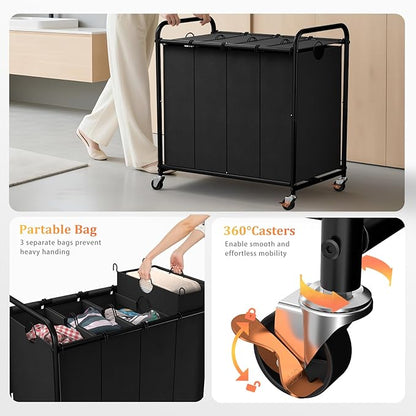 Laundry Sorter 4 Sections 48 Gal, Rolling Laundry Basket with Lockable Wheels and Lid, Laundry Hamper with 4 Separated Removable Bags Dirty Clothes Hamper for Laundry Room Organizer, Black