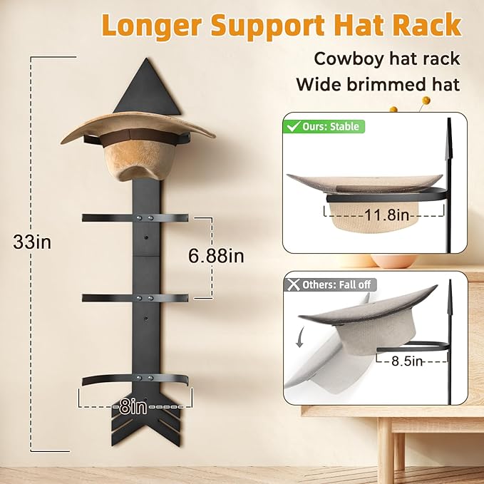 Cowboy Hat Rack for Wall Hat Organizer for 10 Baseball Caps and 3 Cowboy Hat with Solid Wood Arrow Hat Holder Cowgirl Hat Hanger Storage for Closet Entryway Black
