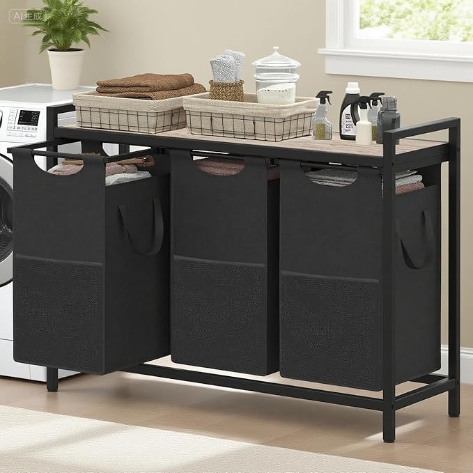Heybly Laundry Hampers, 3 × 15 Gal (171 L) Laundry Basket with Large Desktop Sorter for Laundry Room organization, Bathroom and Dorm Laundry Bags on Storage Shelf Greige HLH003SG
