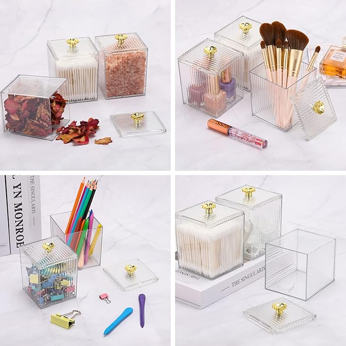 Tecbeauty 3PCS Qtip Holder Bathroom Organizer and Storage Containers Plastic Apothecary Jars Dispenser with Lids for Cotton Swab, Cotton Round Pads, Floss