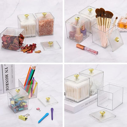 Tecbeauty 3PCS Qtip Holder Bathroom Organizer and Storage Containers Plastic Apothecary Jars Dispenser with Lids for Cotton Swab, Cotton Round Pads, Floss