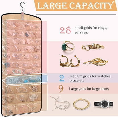 4 Pack Hanging Jewelry Organizer Storage with 39 Pockets, 30 Necklace Hooks Double Sided Wall Mount Earring Holder Organizer Bracelet Necklace Jewelry Display Hanger for Closet Door (Black)