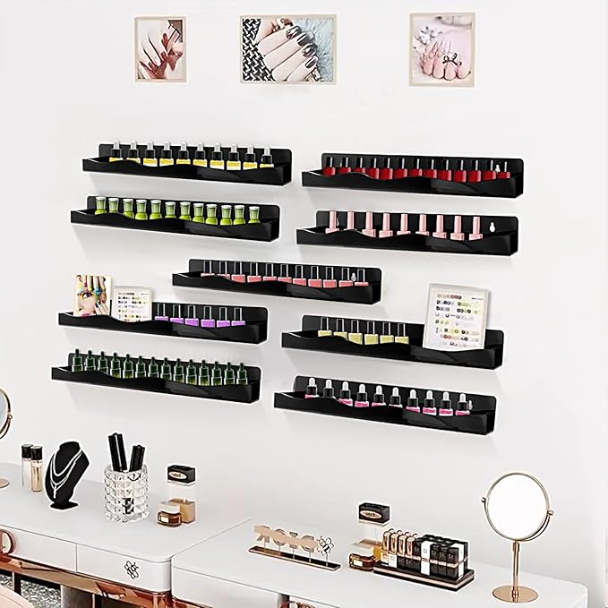 Nail Polish Wall Rack, 6-Shelf 15-Inch Black Acrylic Nail Polish Shelves with Removable Ends – Multi-Purpose Shelf for Essential Oils, Cosmetics Storage and Display for Salons and Bathrooms