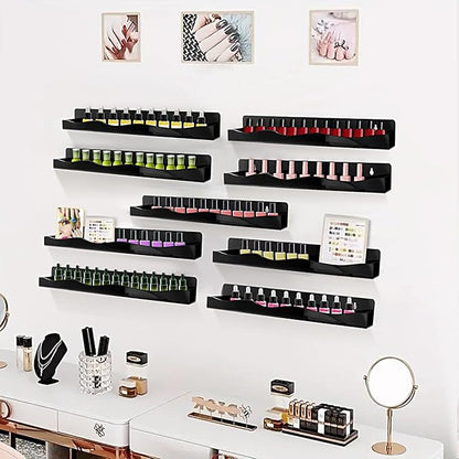 Nail Polish Wall Rack, 6-Shelf 15-Inch Black Acrylic Nail Polish Shelves with Removable Ends – Multi-Purpose Shelf for Essential Oils, Cosmetics Storage and Display for Salons and Bathrooms