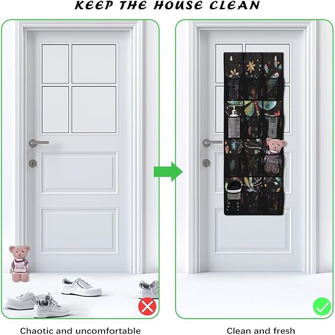 Dragonflies Behind Door Organizer 12 Pockets Over The Door Organizer for Closet Flowers Multi-Pocket Organizer Easy to Install Shoe Holder Hanger for Dorm Room