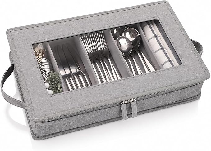 Joyfol Day Flatware Utensil Storage Case, Grey Silverware Storage Box Chest with Adjustable Dividers, Removable Cutlery Storage Holder with Zipper Lid for Organizing Spoon/Flatware/Knives