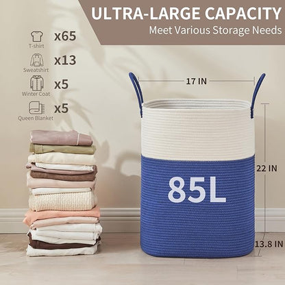 AINUOQI Laundry Basket with Handles - Blanket Basket & Hampers for Bedroom Aesthetic, Laundry Hamper & Blanket Storage for Living Room, Clothes Hamper, Tall, Large 17" x 14" x 23”, White & Dark Blue