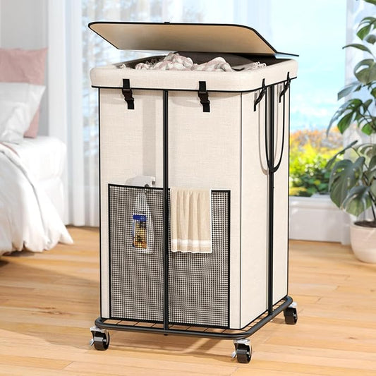 160L Laundry Hamper with Lid, Rolling Laundry Basket with Wheels, Large & Tall Dirty Clothes Hamper with Metal Frame and Removable Bag for Bedroom Aesthetic, Laundry Room, Bathroom, Dorm-White
