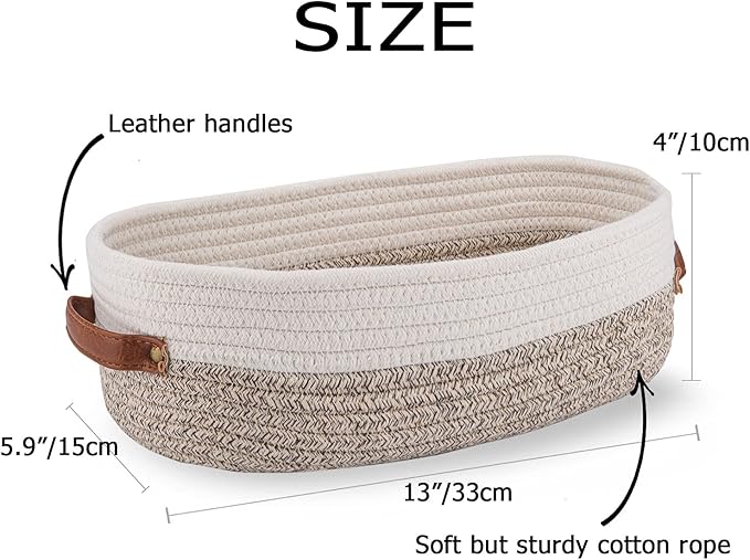 Woven Storage Basket for Toilet Tank Top,Farmhouse Home Decor Organizing Basket for Bathroom,Table and Counter 13"x5.9"x4" Apricot Stitching White