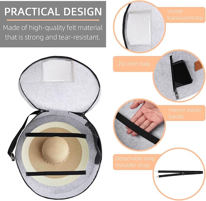 Pehciroe Round Hat Storage Box, Portable Felt Travel Hat Boxes for Women & Men with Translucent Dustproof Lid and Shoulder Strap for Various Types of Hats/Clothes & Toy Storage/Closet Organizer, Grey