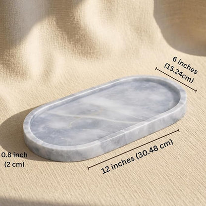 Carrara Gray Marble Oval Bathroom Vanity Tray – 12”x6” Gray Marble Tray for Countertop, Perfume & Jewelry Display | Solid 2cm Thick Stone Tray
