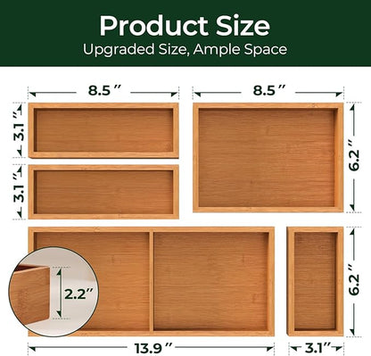 keechee 5-Piece Bamboo Drawer Organizer Set, 2.2" Deep Multi-Use Organizers for Utensils, Silverware, Cutlery, Desk, Bathroom, Junk Drawer & Makeup, Non-Slip Feet Included.