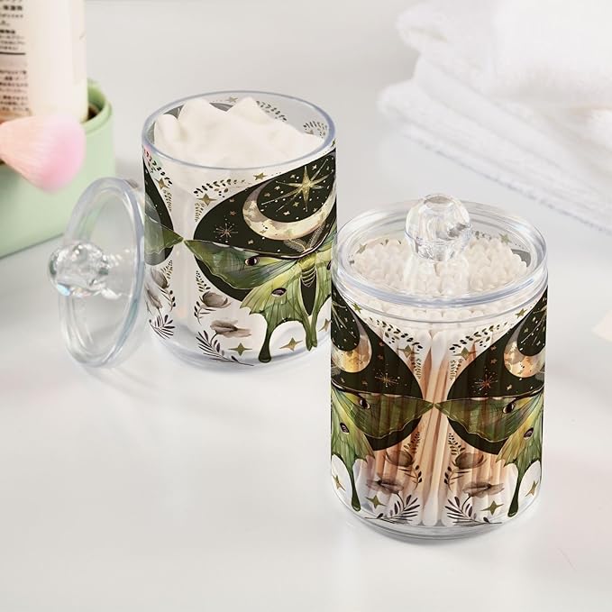 2 Pack Qtip Holder Dispenser for Cotton Ball Luna Moth Moon Swab Round Pads Clear Plastic Acrylic Jar Set Bathroom Canister