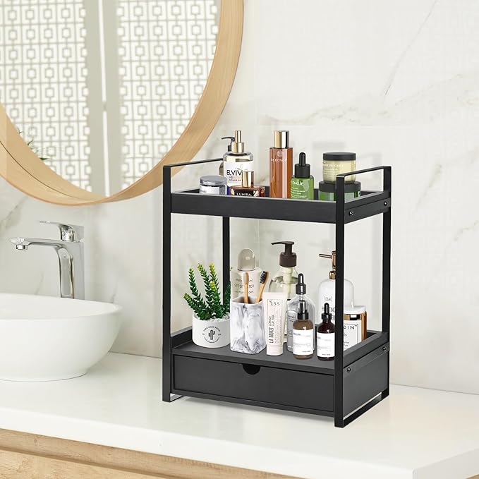 Ukonvi 2-Tier Bathroom Organizer Countertop with Drawer, Wood Counter Shelf for Storage, Vanity Tray for Organization and Decor, Countertop Organizer for Bathroom, Kitchen, Office (Black)