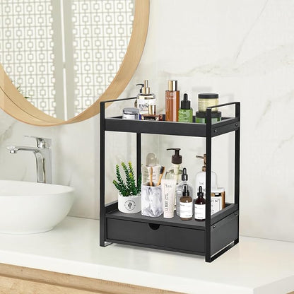Ukonvi 2-Tier Bathroom Organizer Countertop with Drawer, Wood Counter Shelf for Storage, Vanity Tray for Organization and Decor, Countertop Organizer for Bathroom, Kitchen, Office (Black)
