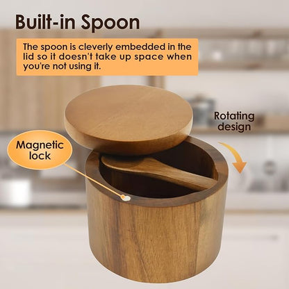 UKQRRTC Acacia Wood Salt Bowl with Built in Spoon and Magnetic Swivel Lid Round Salt Cellar Kitchen Salt Holder for Storing Salt Pepper Sugar Spice (Style 1)
