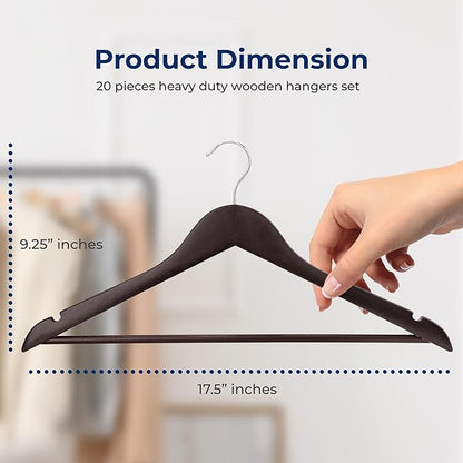 SereneLife 20 Brown Wooden Hangers Non-Slip Heavy Duty Suit and Coat Hanger Set with Chrome 360° Swivel Hooks Notches and Pants Bar Design for Closet Organization Clothes Durable 10 lb Capacity