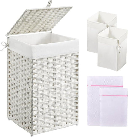 Greenstell Laundry Hamper with Lid, 60L Clothes Hamper with 2 Removable Liner Bags & 2 Mesh Bags, Handwoven Synthetic Rattan Basket, Toys in Bathroom, Bedroom White