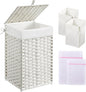 Greenstell Laundry Hamper with Lid, 60L Clothes Hamper with 2 Removable Liner Bags & 2 Mesh Bags, Handwoven Synthetic Rattan Basket, Toys in Bathroom, Bedroom White