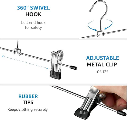 ZOBER Metal Pants Hangers with Clips - Pack of 20 Space Saving Skirt Hangers for Women - Chrome, Non-Slip, Adjustable Clips, for Pants, Skirts, Jeans Closet Organization, College Dorm Essentials
