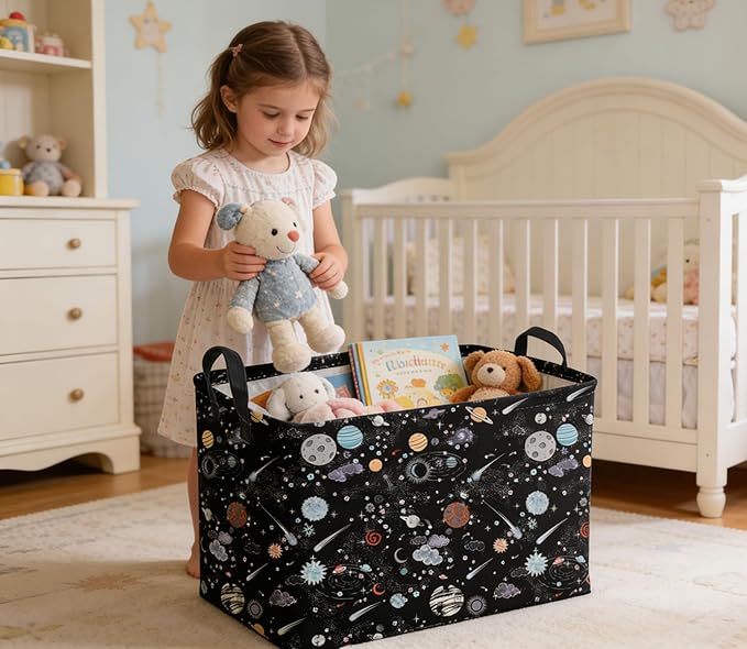 Sanjiaofeng Rectangular Moon and Stars Basket Waterproof Foldable Kids Laundry Basket Baby Baskets for Boys and Girls Cute Toy Storage Organizer Bin Star Room Decor(Starry Sky)