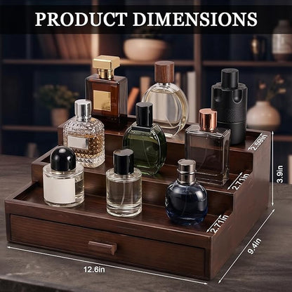 Wooden Cologne Organizer for Men 3 Tier Perfume Stand Organizer with Drawer and Hidden Compartment Cologne Display Riser Shelf Holder for Dresser Figures Fragrances Skincare Makeup Storage (Brown)