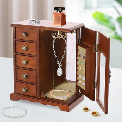 Wooden Jewelry Box, Jewelry Organizer with 5 Drawers, Large Storage Space Desktop Jewelry Storage Box with Anti-Slip Feet,for Organizing Necklaces, Bracelets, Earrings (Dark Wood Color)