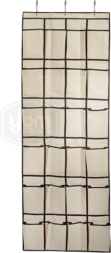 YBM HOME Ybmhome 24 Pocket Fabric Hanging Over The Closet Rod Shoe Storage Rack Organizer with 4 Metal Hanger Hooks Natural w/Brown Trim 2207 (1)