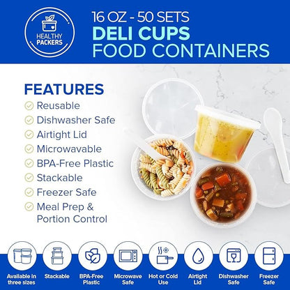 Healthy Packers 50 Set 16 oz Plastic Deli Containers with Lids – Clear Plastic Containers with Lids for Food – BPA Free, Leakproof, Stackable, Microwave & Freezer Safe