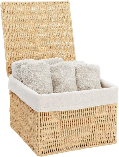 Juvale Wicker Storage Bins with Lids and Insert - Set of 2, 10 x 10 x 7 in & 8 x 8 x 6 in, Brown - Rectangular Lined Baskets with Lids & Insert for Organization