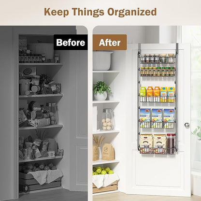 Delamu Over The Door Pantry Organizer, 5-Tier Pantry Door Organizers and Storage with Adjustable Basket, Metal Hanging Spice Rack, Seasoning Organizer, Door Organizer for Home Kitchen Bathroom, Black